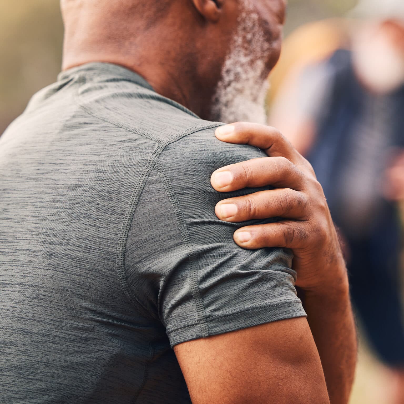 Shoulder pain, injury and back of senior black man after hiking accident outdoors. Sports, training hike and elderly male with fibromyalgia, inflammation or arthritis, broken bones or painful muscles