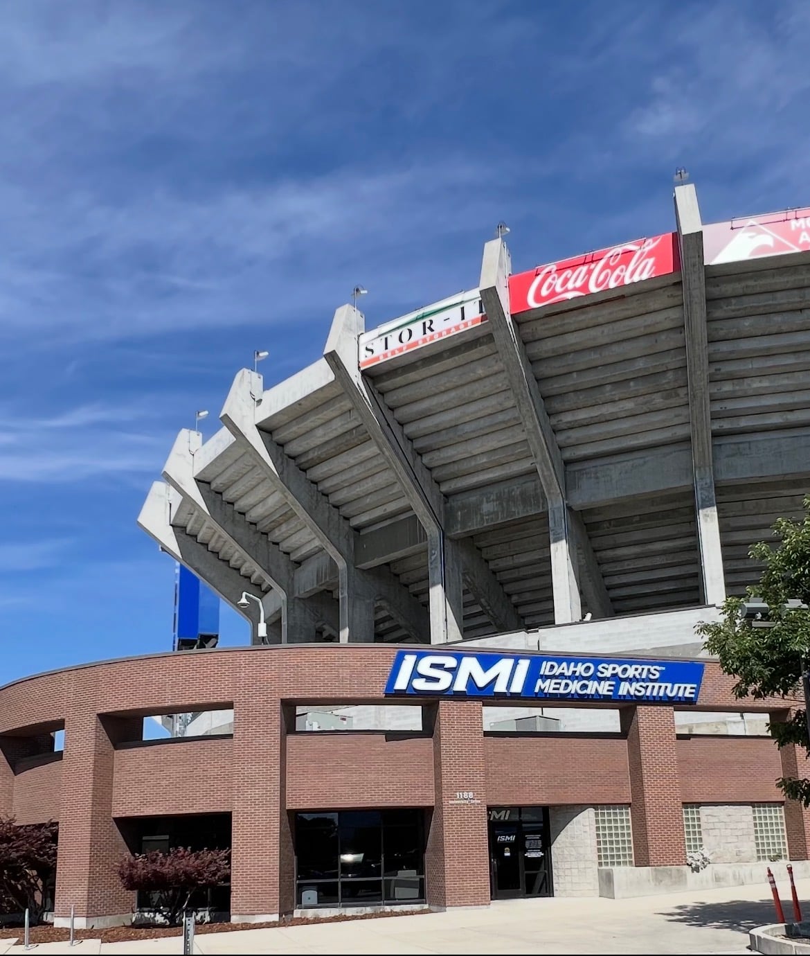 Photo of the outside of the Idaho Sports Medicine Institute building, located under Albertson's Stadium in Boise, ID.